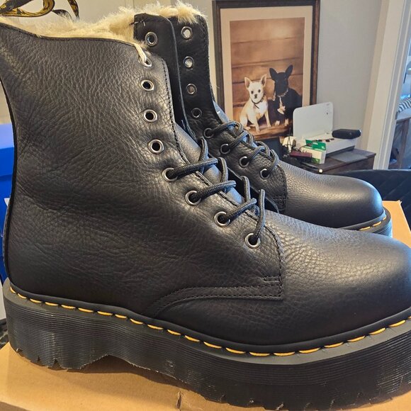 Dr. Martens Jadon Faux Fur Lined Leather Platform Combat Boots Black Mens SZ 12 - Picture 1 of 9